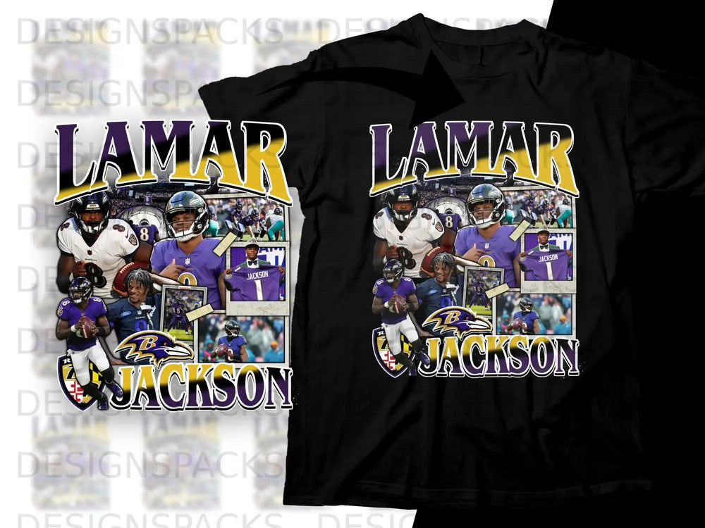Lamar Jackson t-shirt with player photos and team logos.