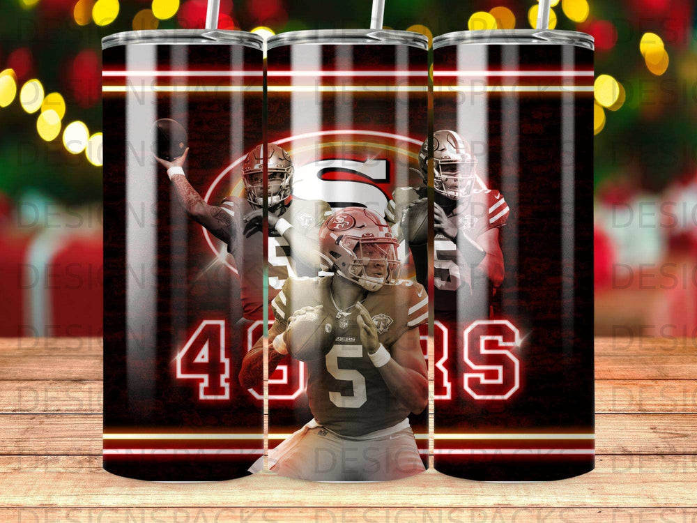 San Francisco 49ers football player throwing a pass with team logo.