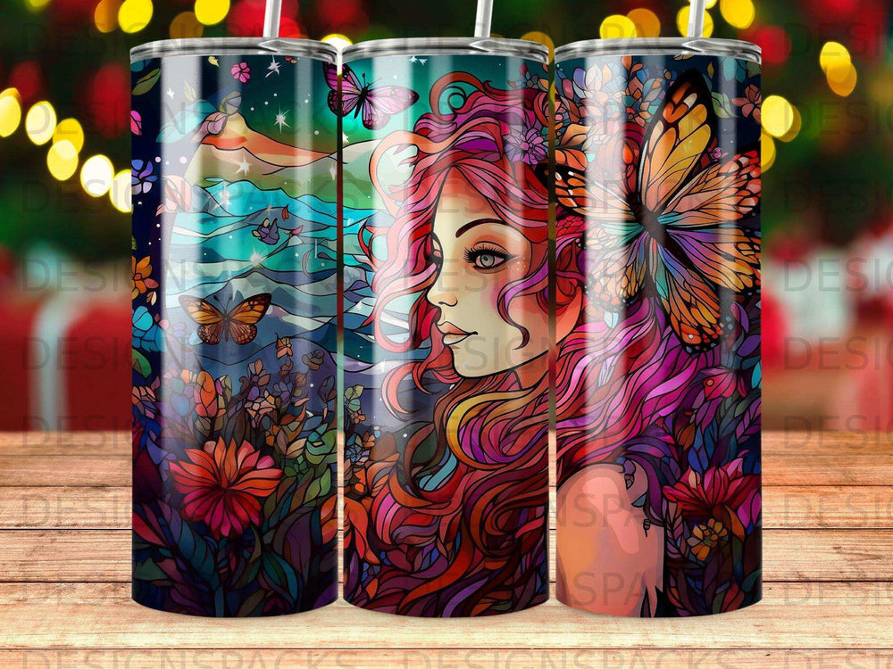 Fantasy tumbler with colorful woman, butterflies, and vibrant floral landscape.