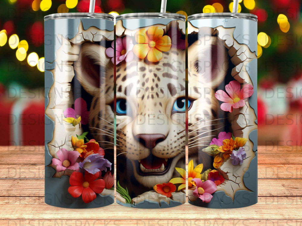 Leopard face bursting through floral wreath on a tumbler.