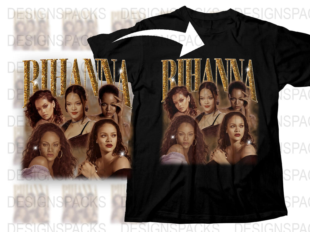 Rihanna Graphic T-Shirt, Multiple Poses Print, Black Tee, Music Pop Star Fan Merch, Casual Streetwear Top, Unisex Fashion