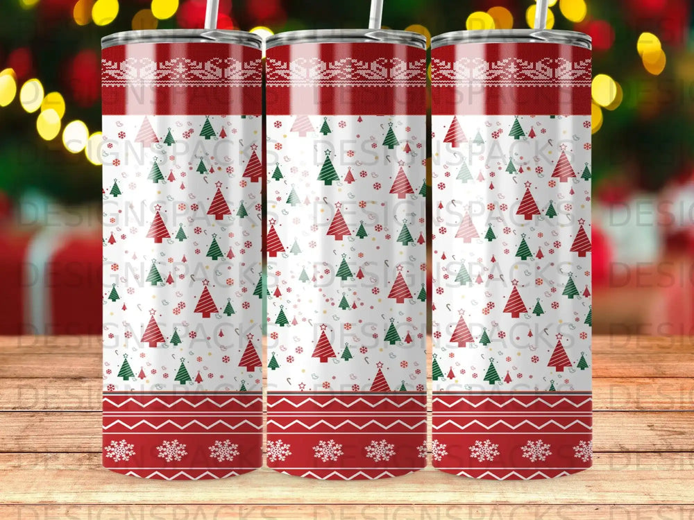 Christmas tree pattern on a tumbler with snowflake border.
