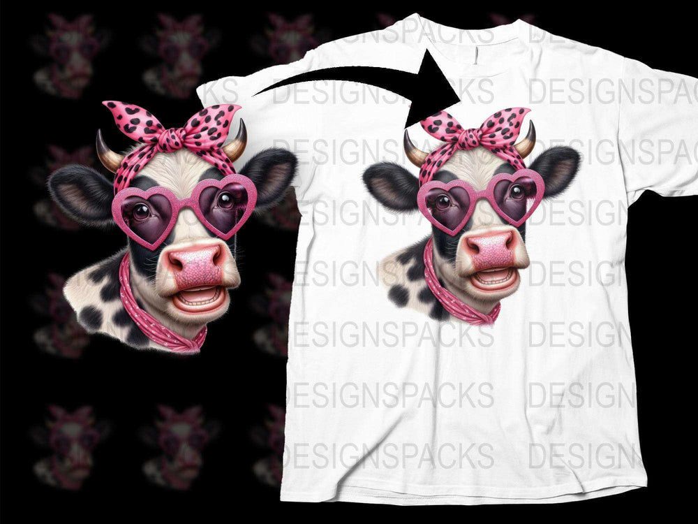 Funny Cow T-Shirt with Pink Glasses and Bandana, Cute Animal Graphic Tee, Unique Gift Idea for Farmers and Animal Lovers