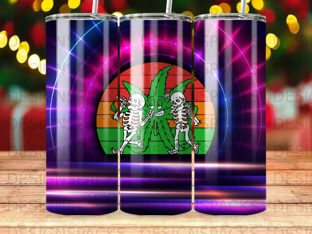 Two skeletons dance around a large cannabis leaf against a neon purple and pink radial background.