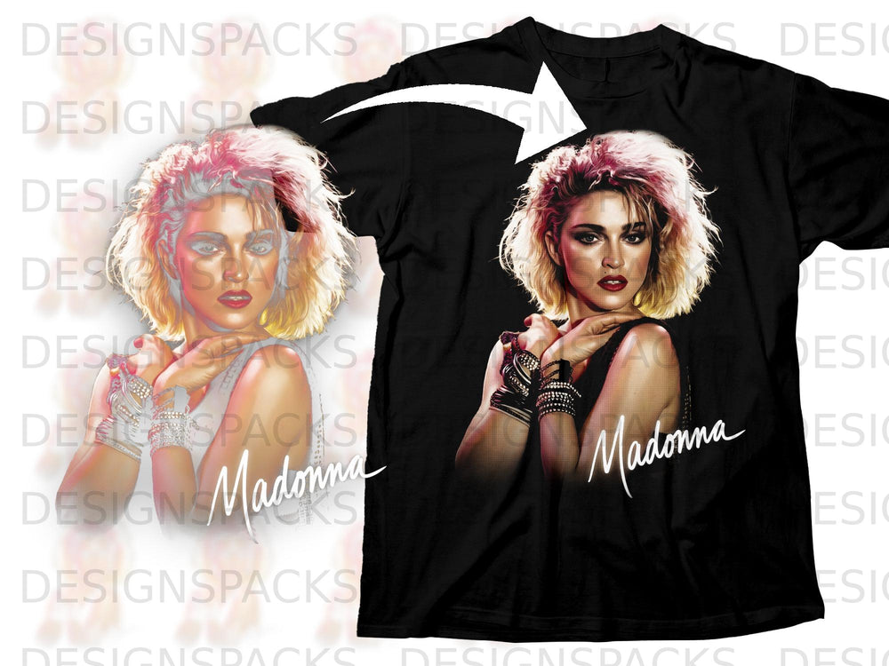 Black t-shirt featuring a stylized portrait of Madonna with her name.