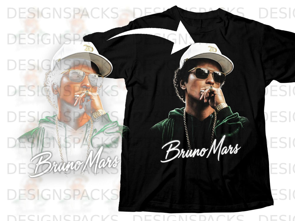 Black t-shirt with "Bruno Mars" graphic and portrait of Bruno Mars.