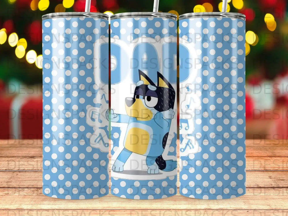 Bluey character on a blue polka dot tumbler with "POP" text.