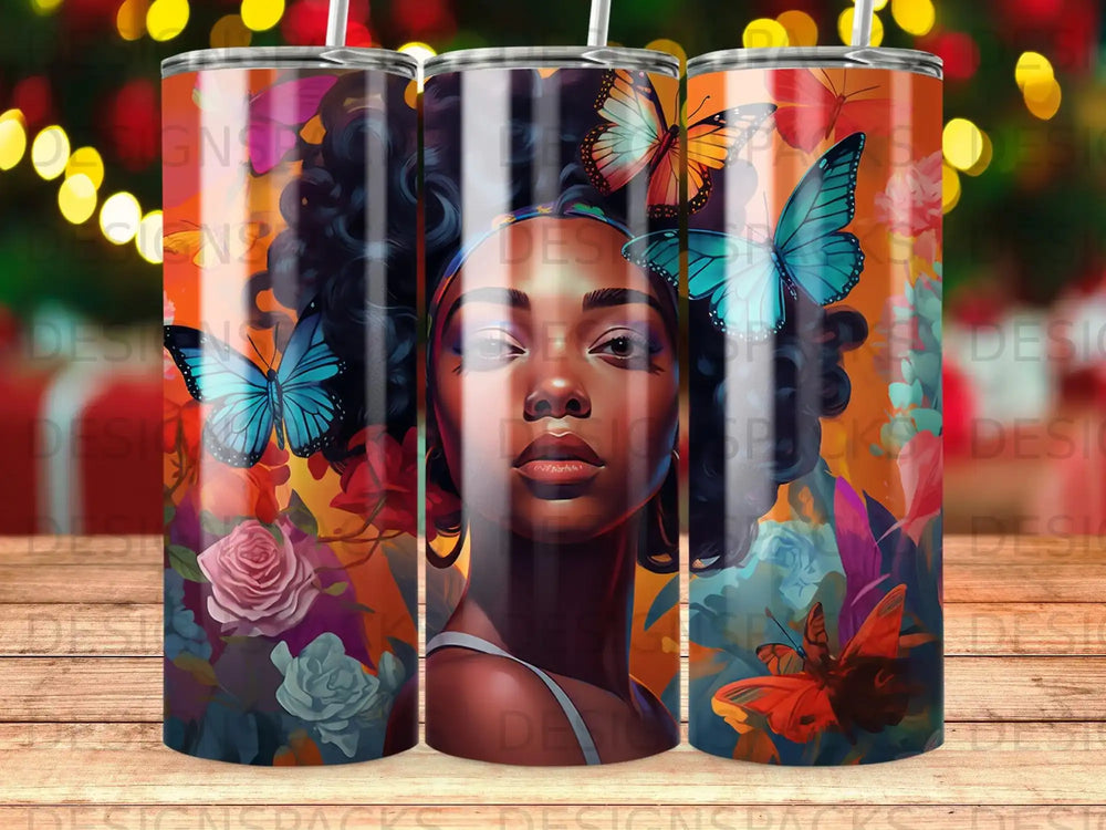 Woman with butterflies and flowers on a tumbler.