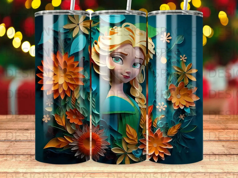 Elsa from Frozen surrounded by colorful flowers and leaves.