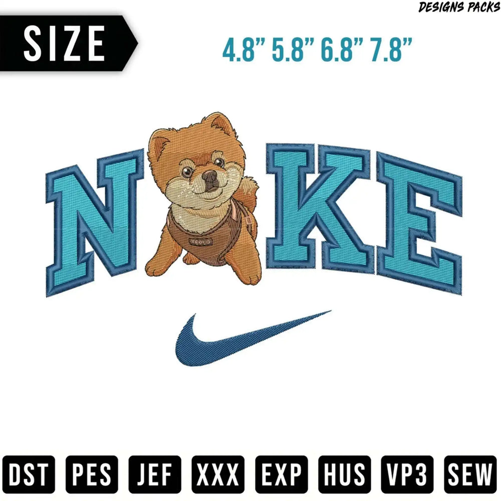 Dog embroidery design featuring the Nike logo and "NAKE" text.