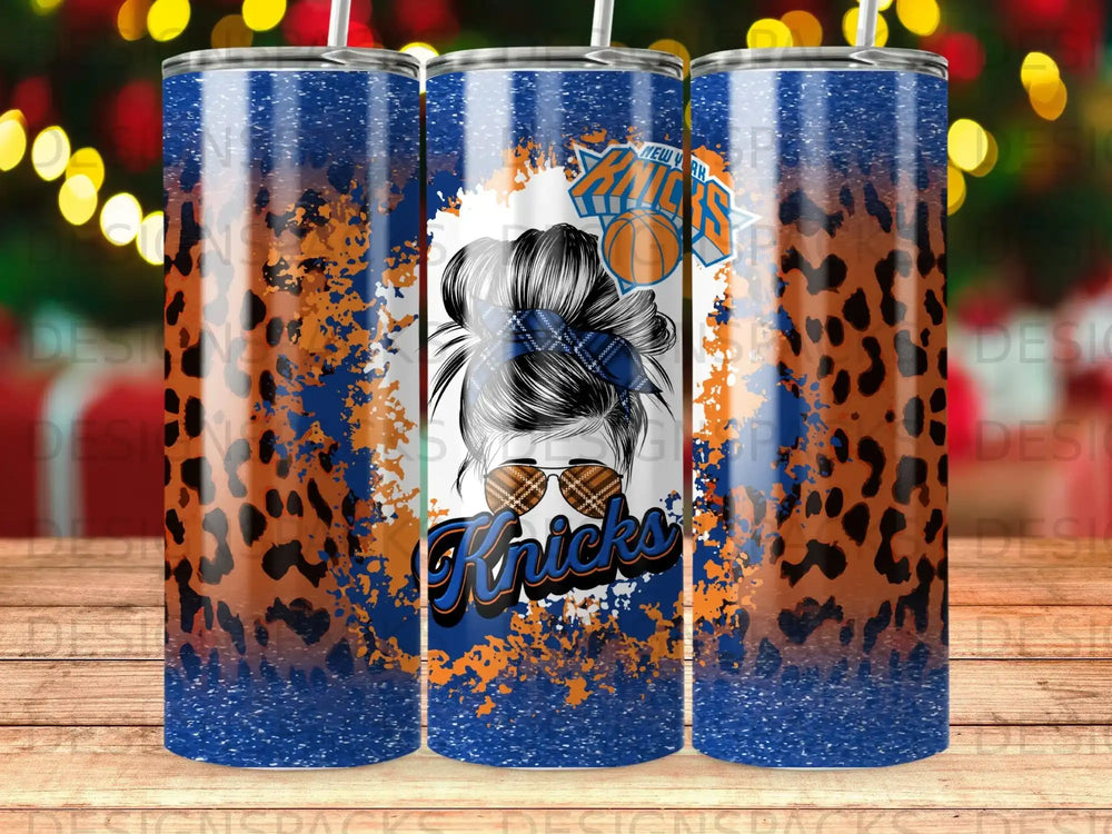 New York Knicks leopard print tumbler with messy bun hairstyle and sunglasses.