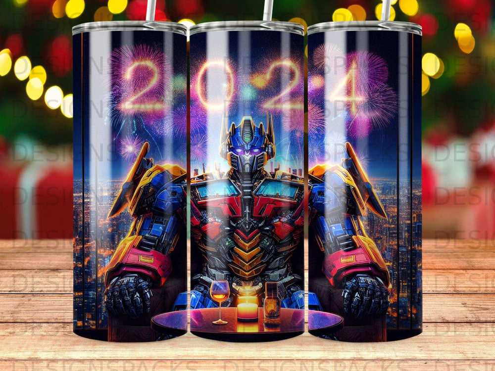 Optimus Prime in front of a city skyline with fireworks and a table with a drink.