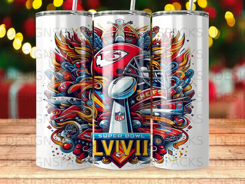 Kansas City Chiefs Super Bowl LVIII logo with helmet and trophy.