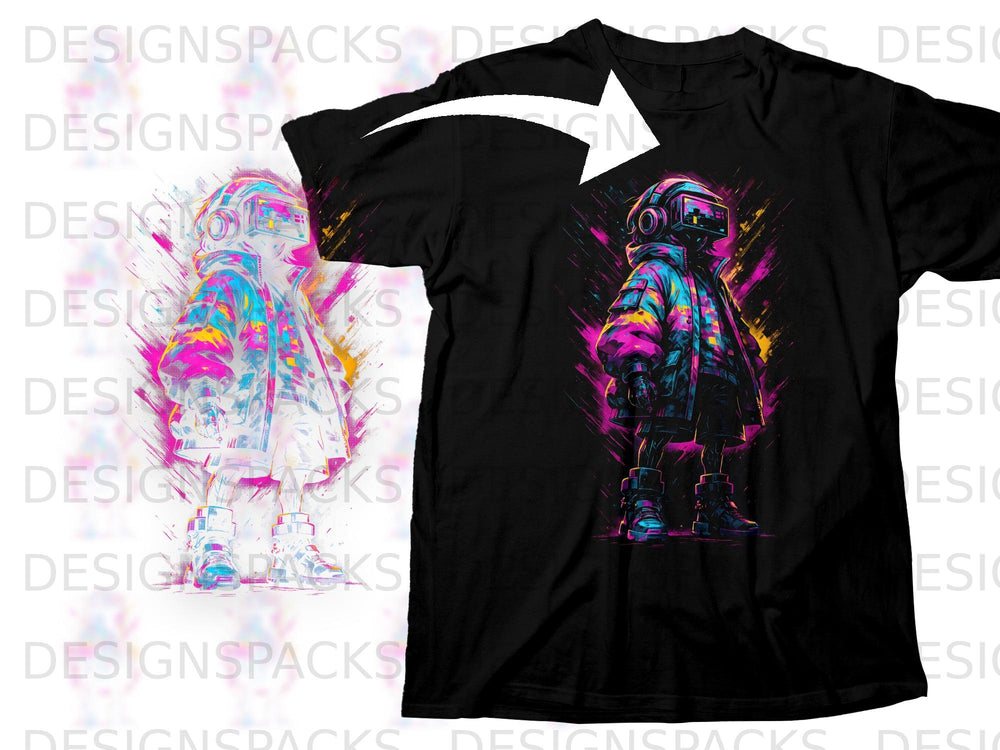 Black t-shirt with neon, cyberpunk graphic of a figure wearing goggles and a colorful jacket.