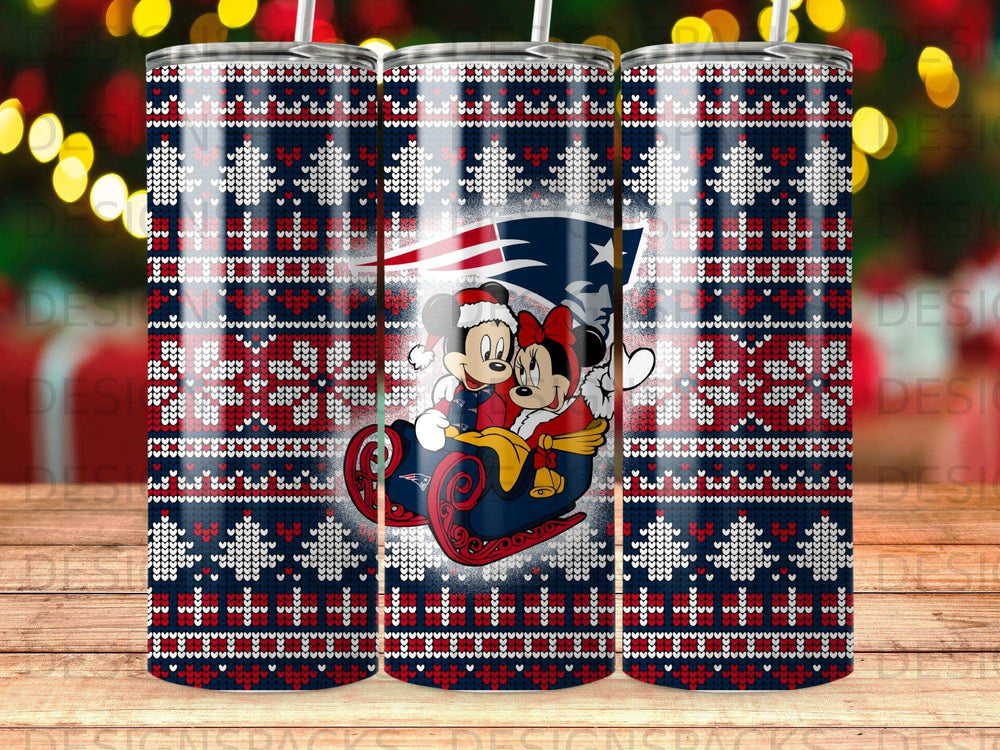 Mickey and Minnie on a motorcycle with New England Patriots logo, ugly Christmas sweater pattern.