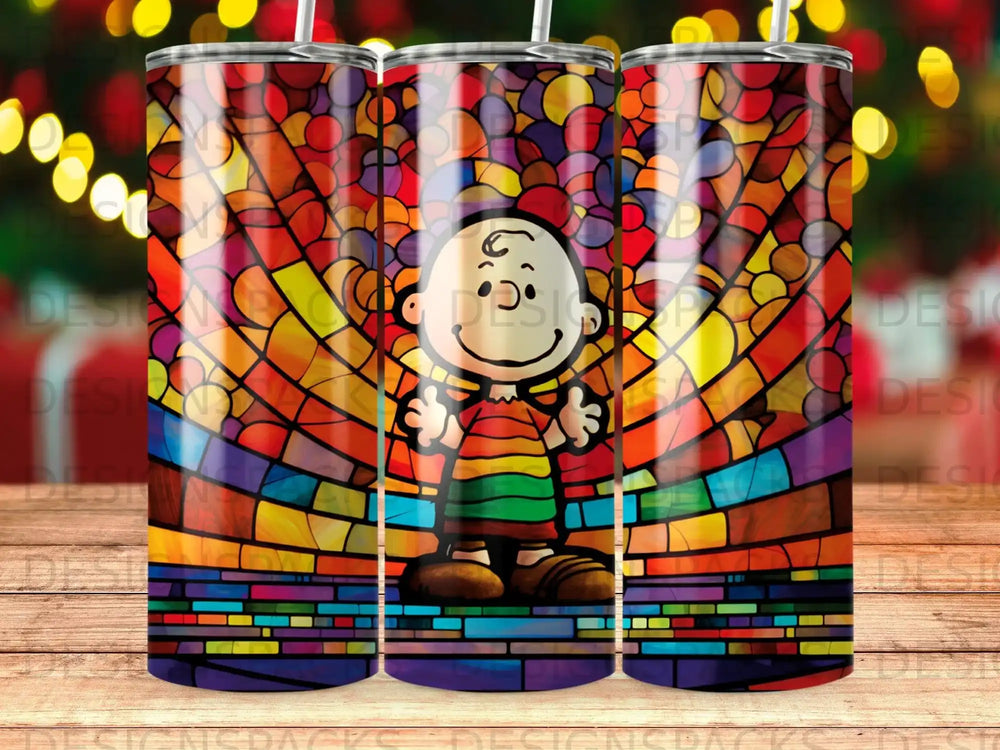 Charlie Brown character on a stained glass background on a tumbler.
