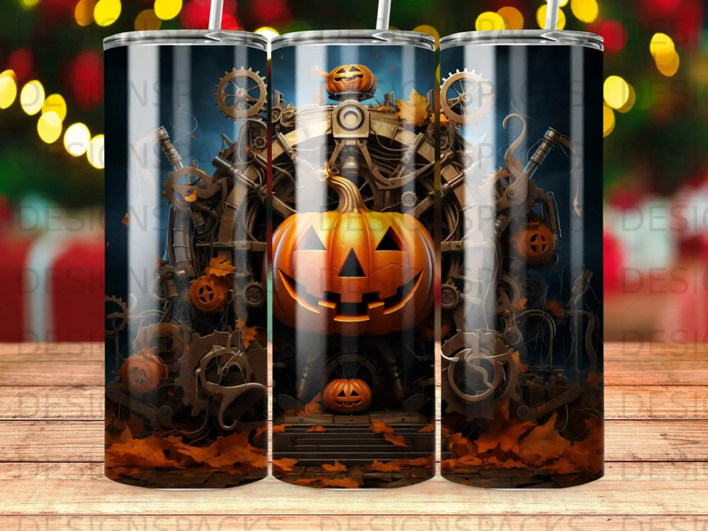 Halloween pumpkin surrounded by gears and autumn leaves on a tumbler.
