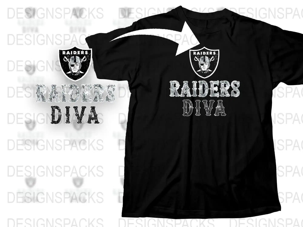 Raiders Diva Black T-Shirt, Glitter Logo Fan Apparel, Football Season Women's Top, Stylish Sports Tee, Gift for Her