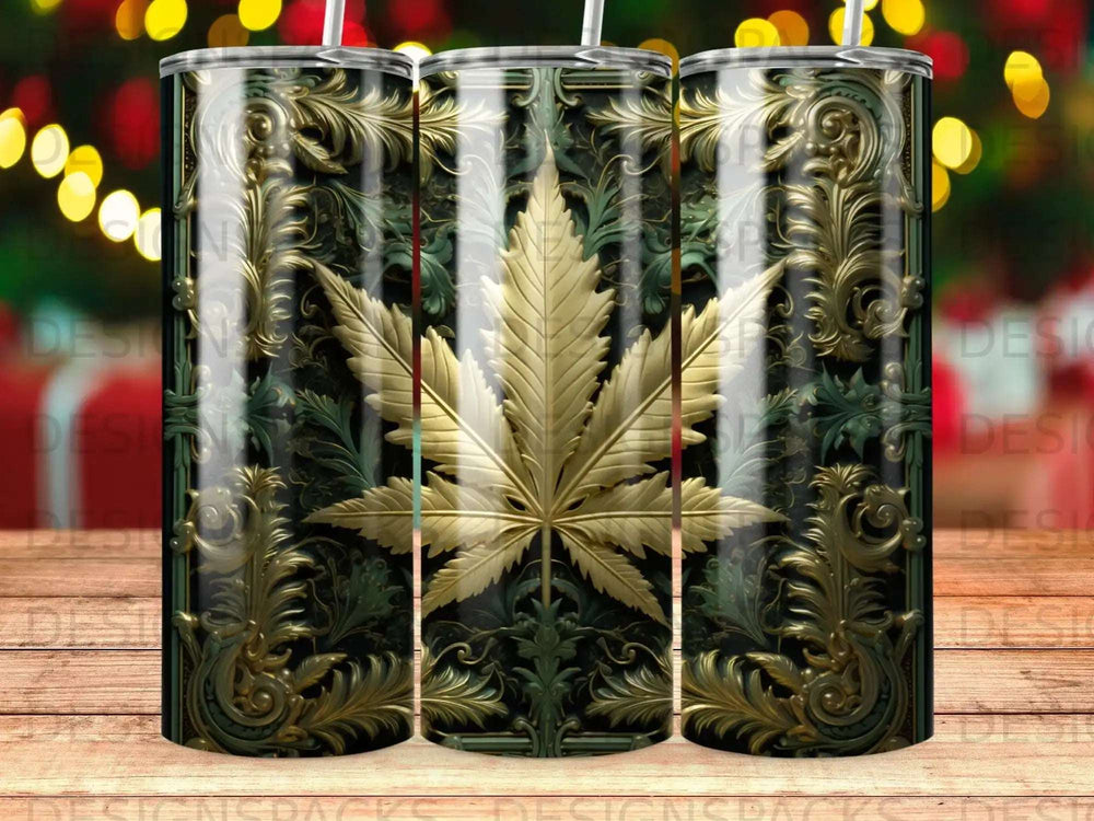 Gold cannabis leaf on ornate black and green floral background tumbler.