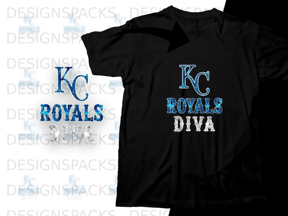 Black t-shirt with "KC Royals Diva" in blue and white glitter text.