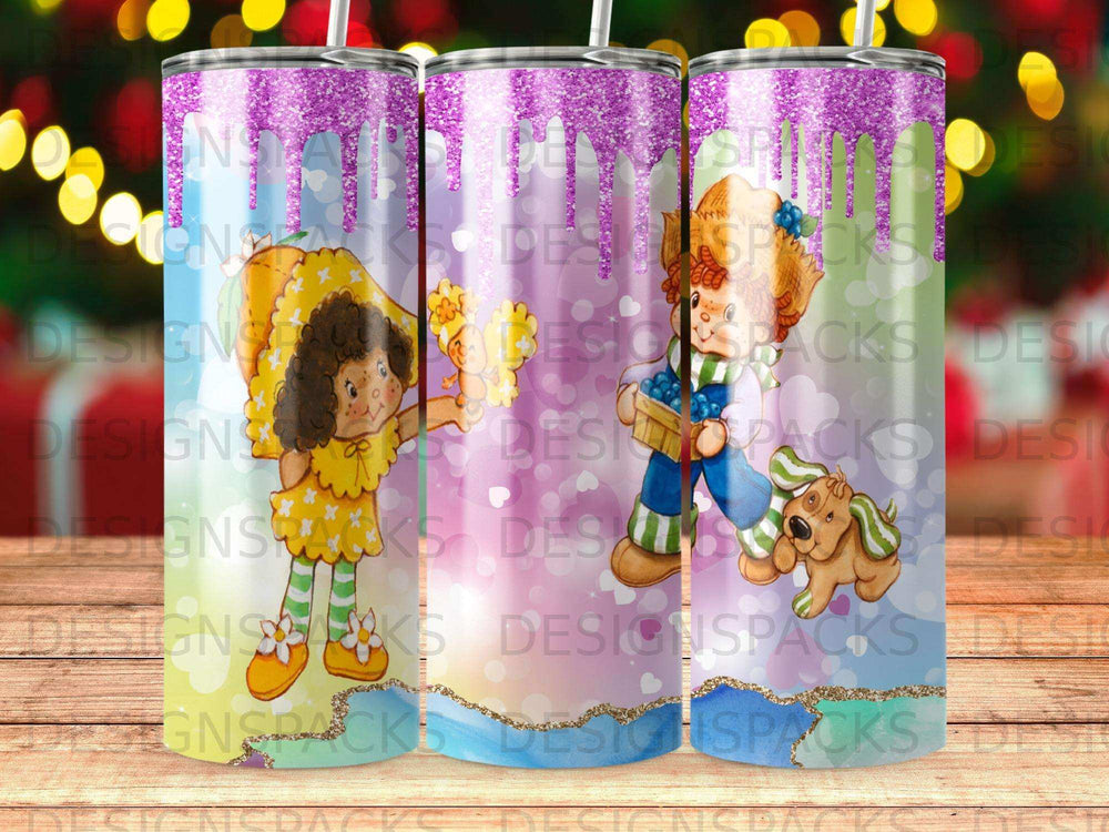 Strawberry Shortcake and dog on sparkly background with "DESIGNS" watermark.