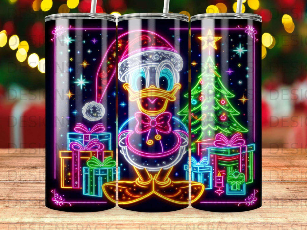 Neon Donald Duck in Santa hat with presents and Christmas tree.