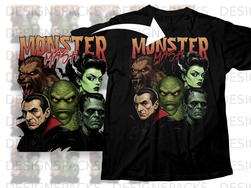 Black t-shirt with "Monster Mash" text and classic movie monsters: vampire, werewolf, Creature, Frankenstein, and bride.