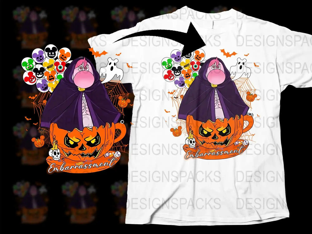 Halloween Ghost T-Shirt, Cute Phantom Pumpkin Design, Spooky Party Apparel, Unisex Adult and Children Sizes, Colorful Balloons Background