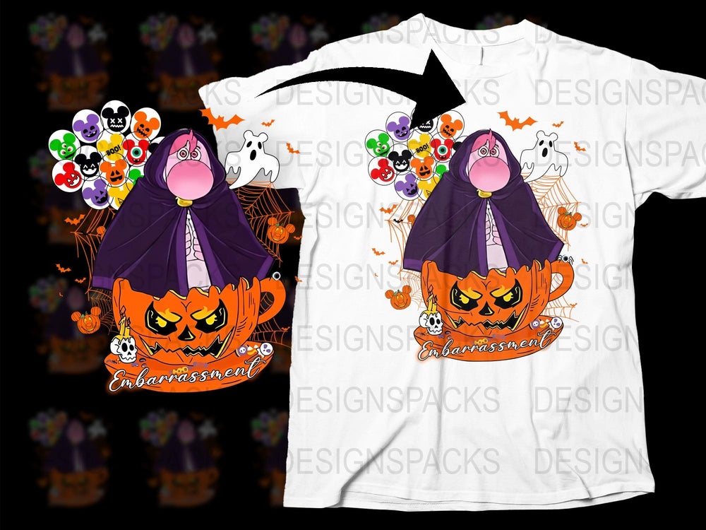 Halloween Ghost T-Shirt, Cute Phantom Pumpkin Design, Spooky Party Apparel, Unisex Adult and Children Sizes, Colorful Balloons Background