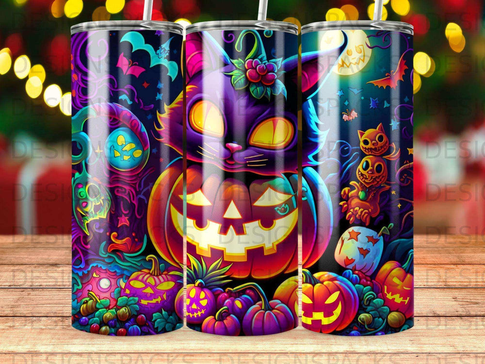 Halloween design featuring a purple cat in a jack-o'-lantern, surrounded by pumpkins.