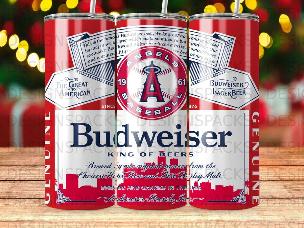 Budweiser beer can with Angels baseball logo and text "King of Beers".