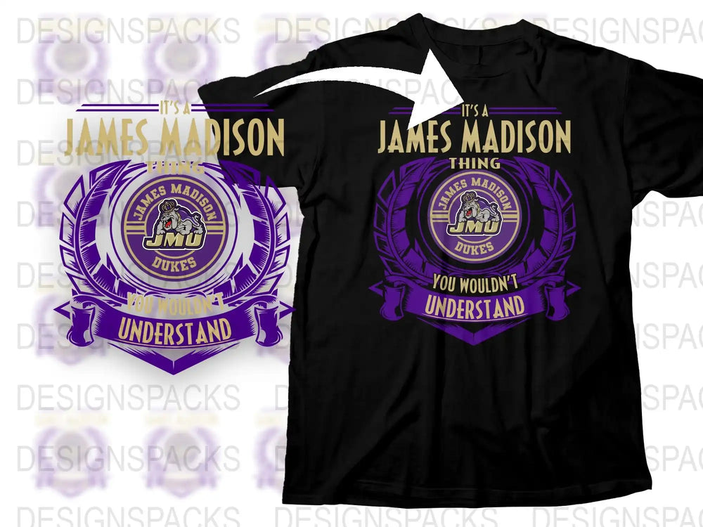 James Madison University T-Shirt, JMU Dukes Apparel, Purple and Gold Tee, Collegiate Fan Gear, Sports Style Graphic Shirt