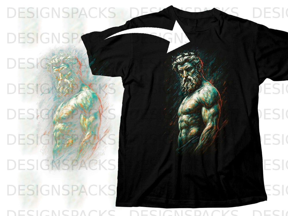Black t-shirt with a colorful depiction of a muscular, bearded man.