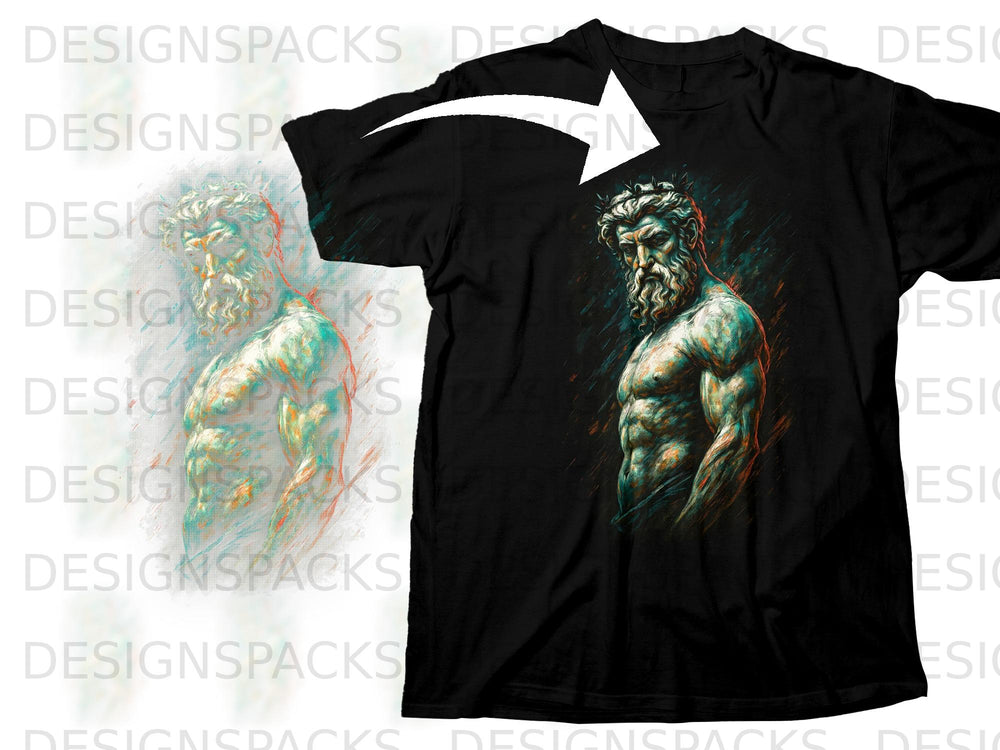 Black t-shirt with a colorful depiction of a muscular, bearded man.