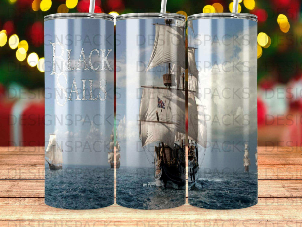 Tall ship sailing on ocean with sails unfurled, blurred festive background.