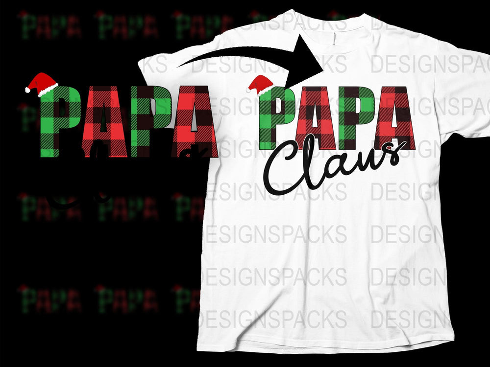 Papa Claus Christmas T-Shirt, Festive Family Holiday Tee, Red and Green Plaid, Santa Hat Design