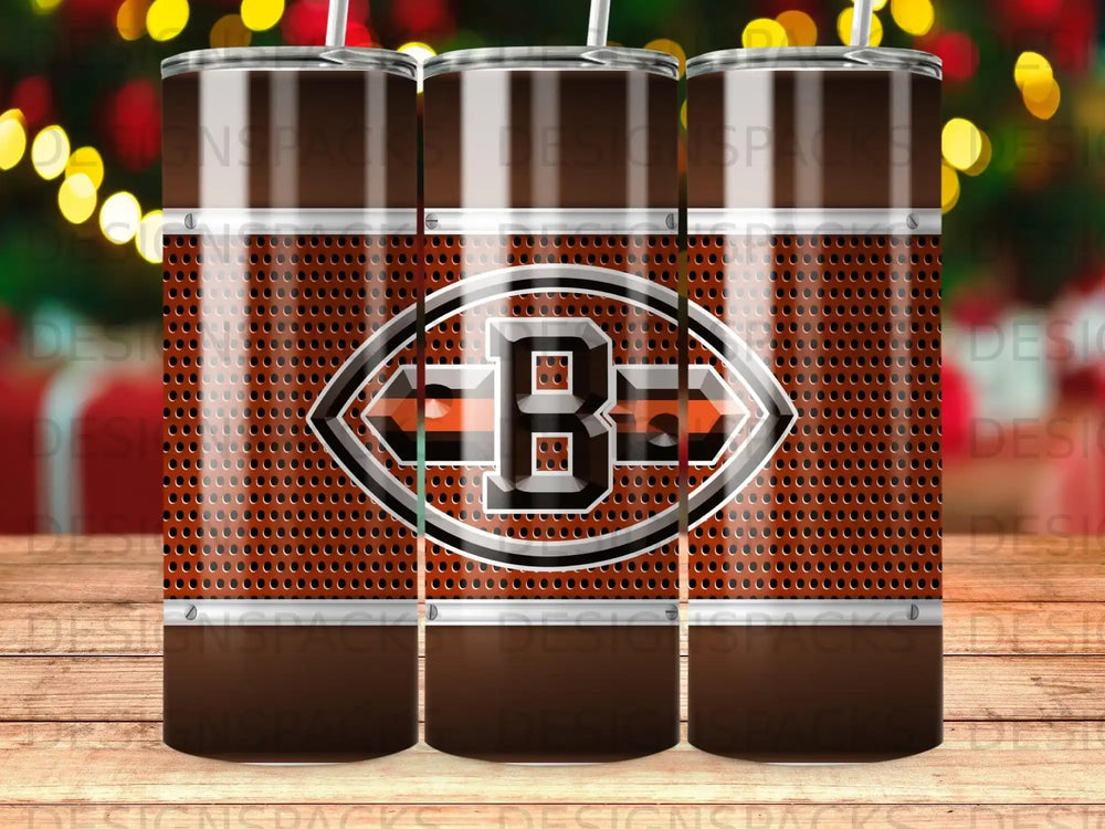 Browns football logo on a metallic orange textured tumbler with three tumblers shown.