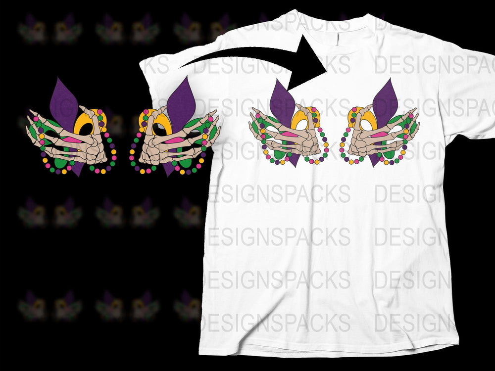 Mardi Gras Mask T-Shirt with Beads, Colorful Carnival Festival Apparel, Unisex Party Wear, Vibrant Costume Tee