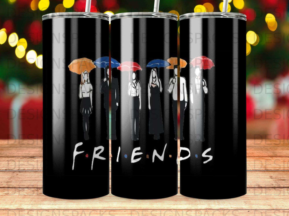 Black tumbler featuring the "Friends" logo and silhouettes holding umbrellas.