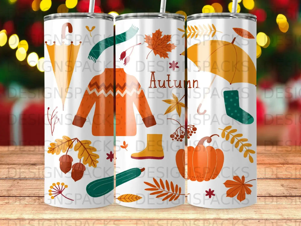 Autumn-themed tumbler with sweater, pumpkin, leaves, and acorns.