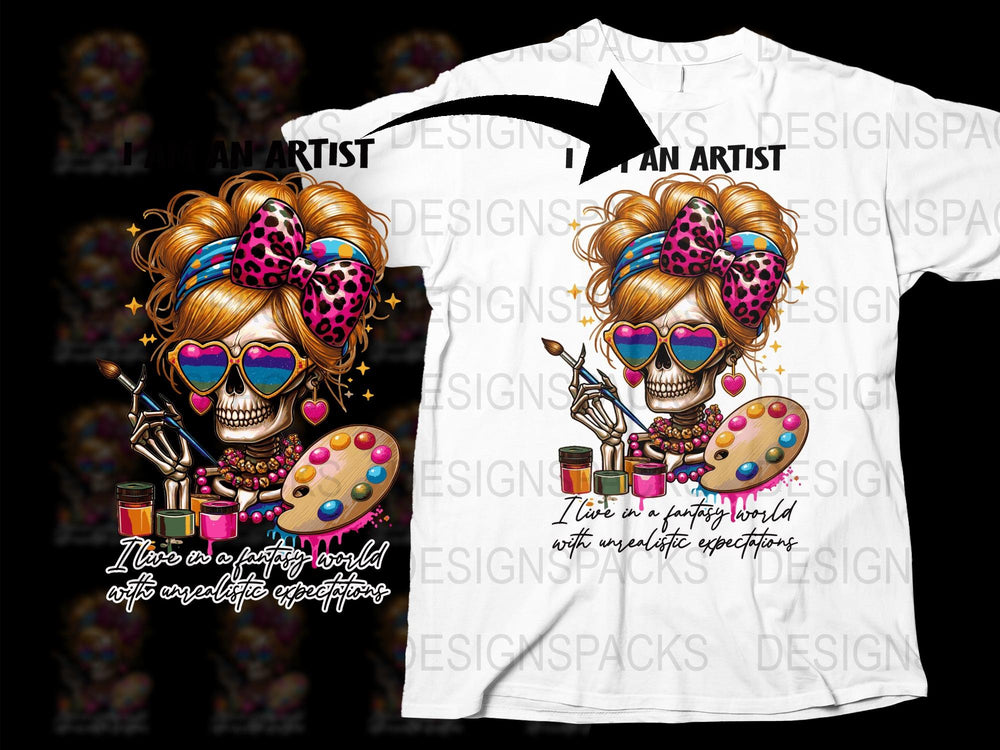 Artist Skull T-Shirt, Colorful Painter Skeleton Graphic Tee, Women's Artistic Fashion Top