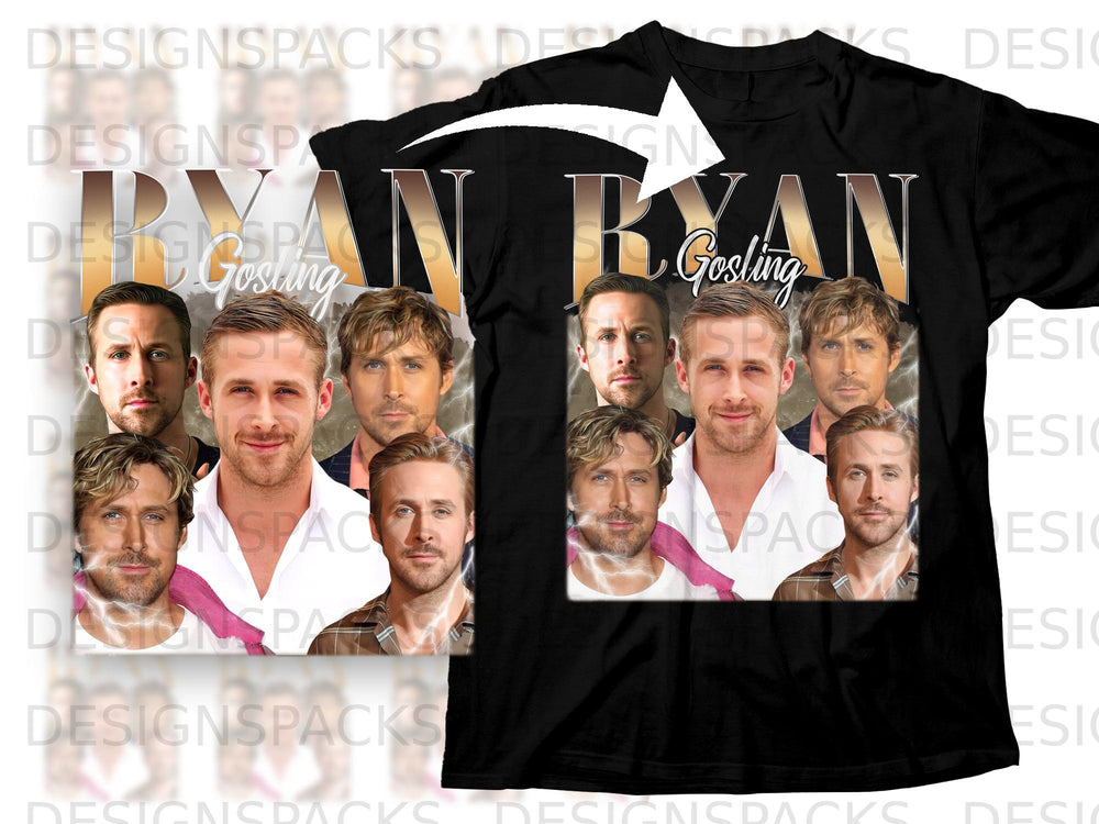 Ryan Gosling collage graphic with large text on a black t-shirt.
