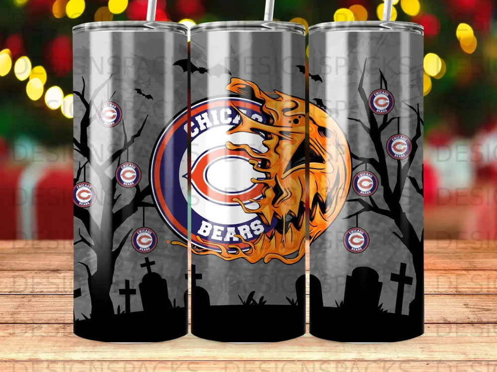 Chicago Bears tumbler with Halloween-themed ghost and tombstone graphics.