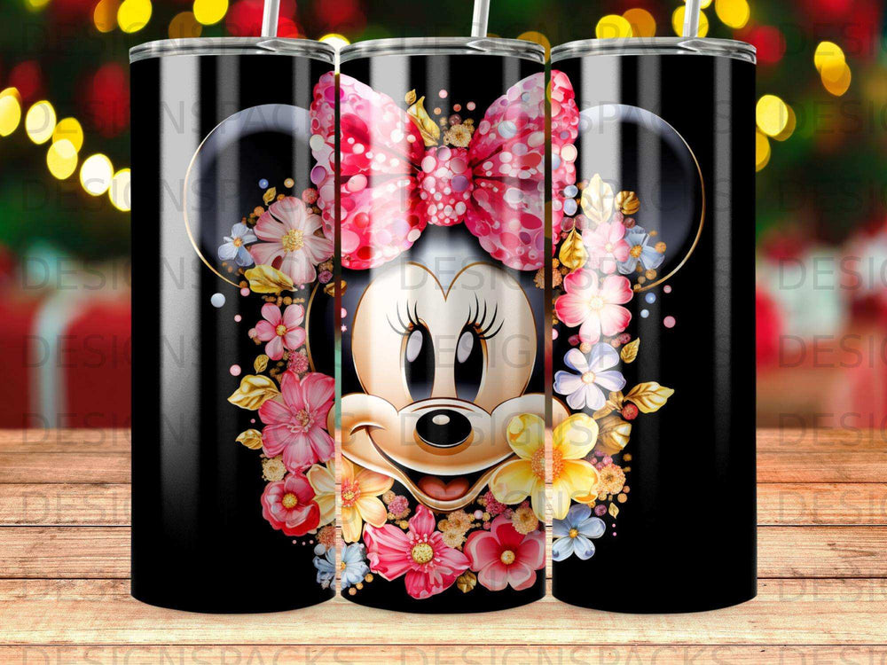 Minnie Mouse with floral accents on a black tumbler.