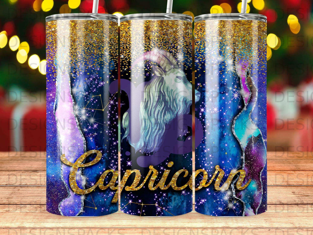 Capricorn constellation and zodiac sign on a glittery, starry tumbler design.