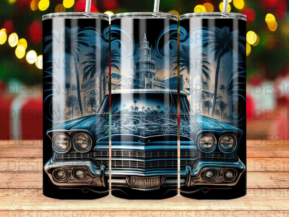 Blue vintage car with palm trees and building in background.