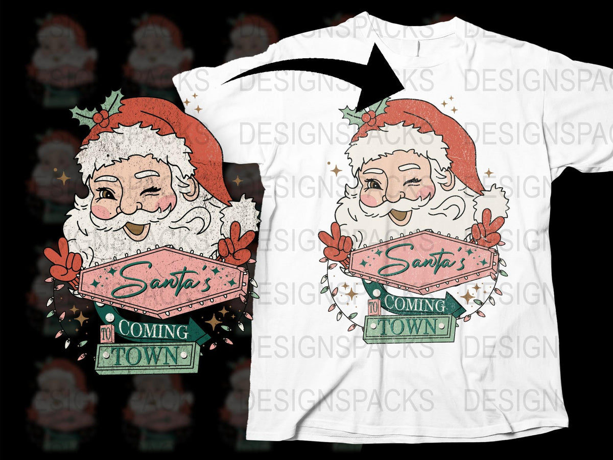 Vintage Santa Claus T-Shirt, Festive Christmas Holiday Tee, 'Santa's Coming To Town' Graphic, Unisex Adult Sizes