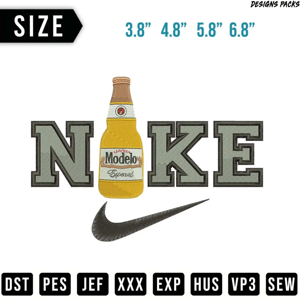 Nike logo with Modelo Especial bottle, size chart, and file types.