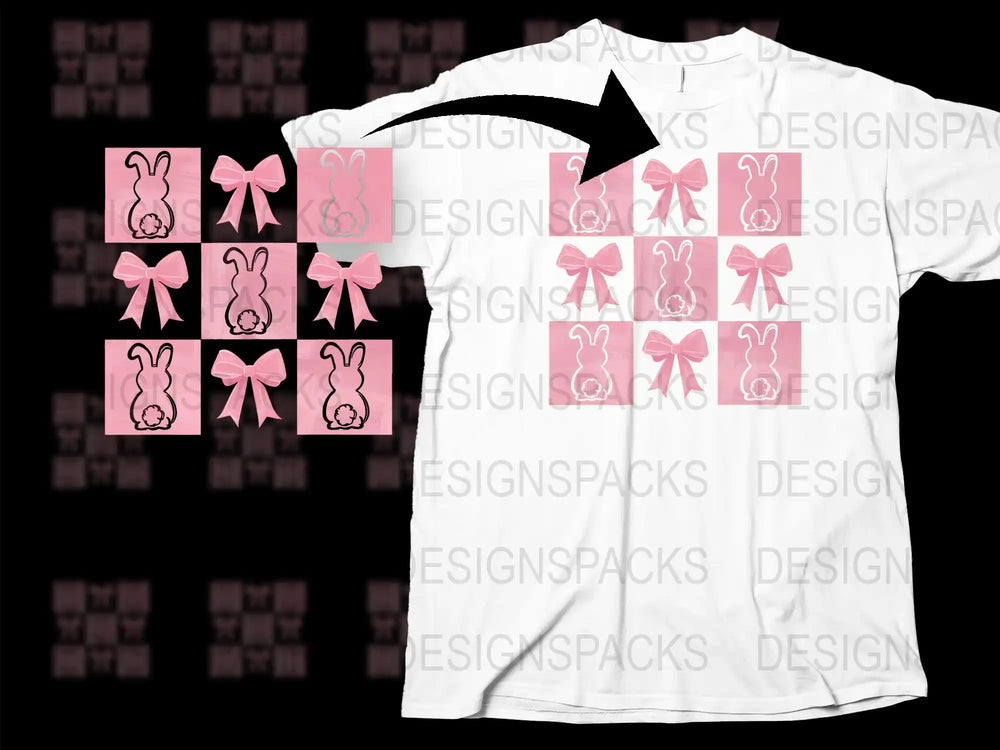Pink Bow Bunny Pattern T-Shirt, Cute Rabbit Graphic Tee, Easter Holiday Gift Idea for Women and Kids