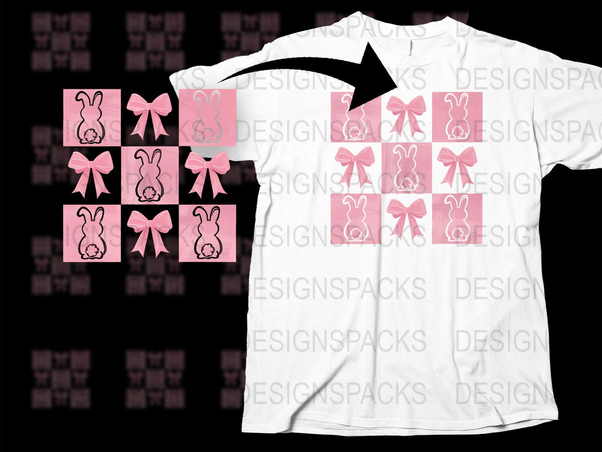Pink Bow Bunny Pattern T-Shirt, Cute Rabbit Graphic Tee, Easter Holiday Gift Idea for Women and Kids